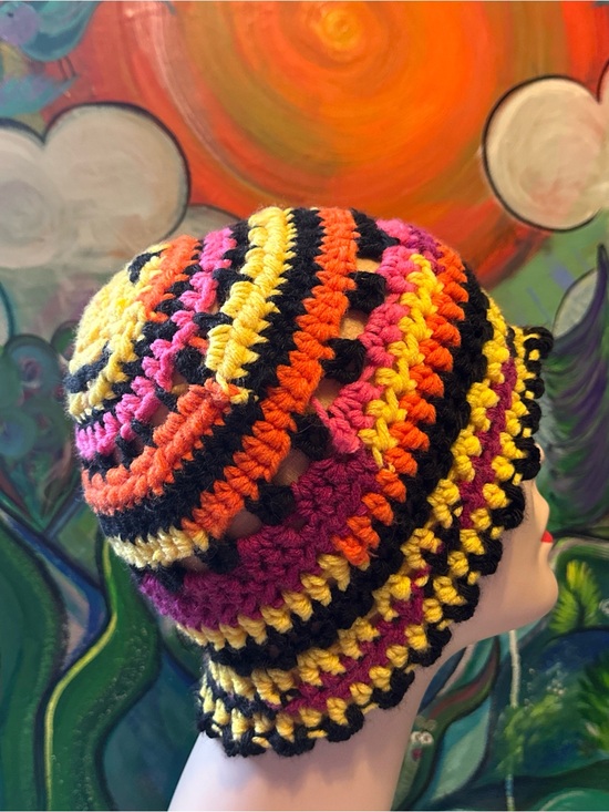 Hand-Crocheted Smiley Beanie Hat in Yellow, Pink & Orange main image 2